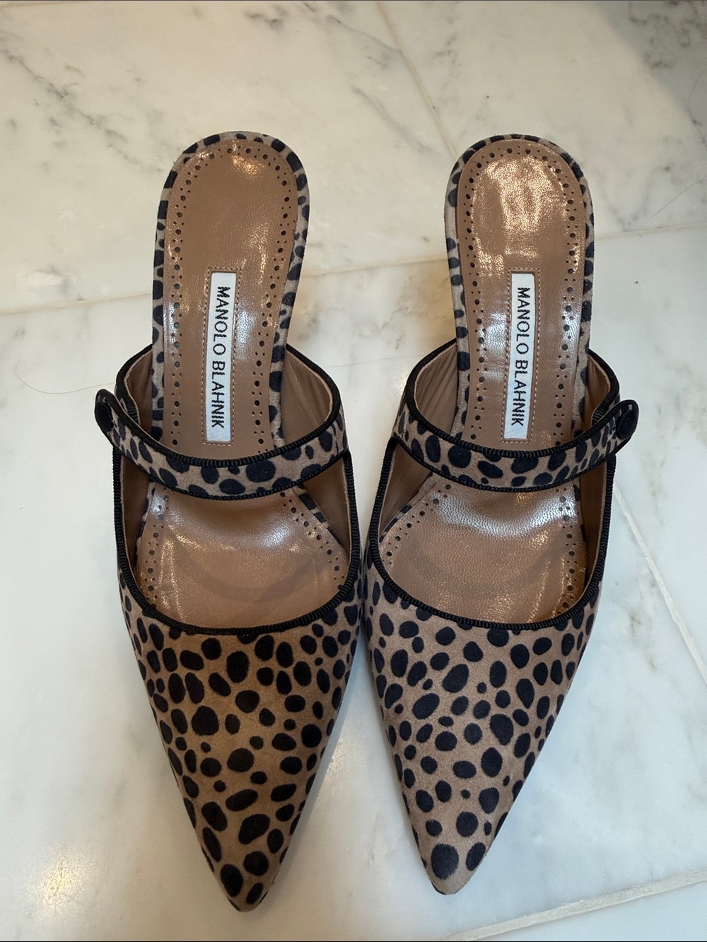 Manolo Blahnik Leopard Print Tan and Black Pointed Mule Pumps